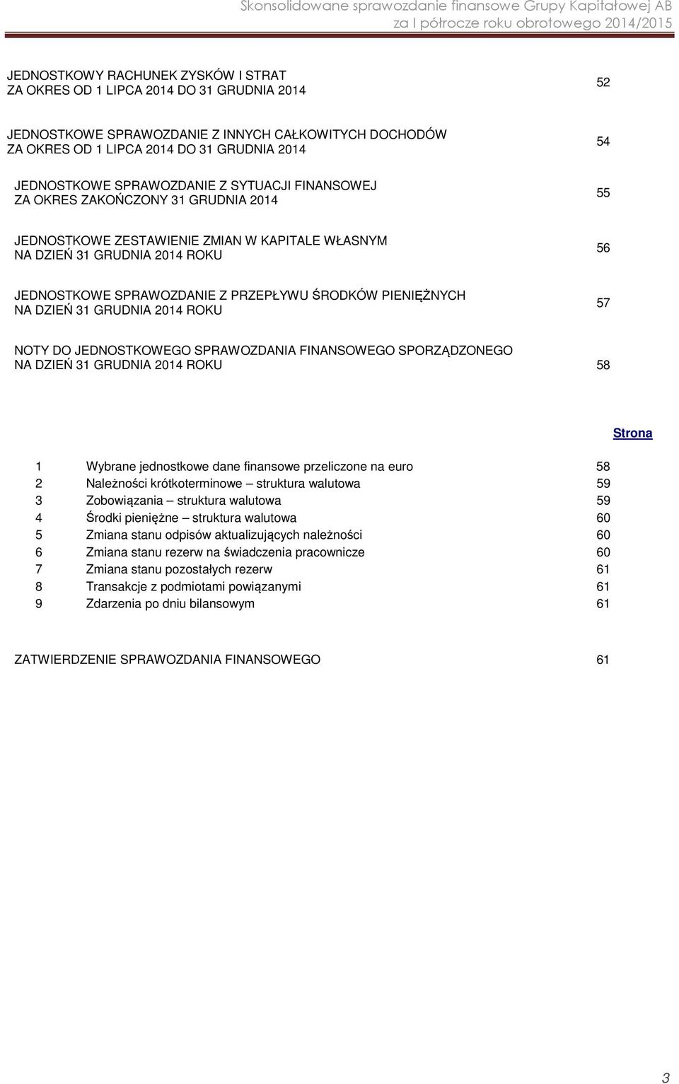 ŚRODKÓW PIENIĘŻNYCH NA DZIEŃ 31 GRUDNIA 2014 ROKU 57 NOTY DO JEDNOSTKOWEGO SPRAWOZDANIA FINANSOWEGO SPORZĄDZONEGO NA DZIEŃ 31 GRUDNIA 2014 ROKU 58 1 Wybrane jednostkowe dane finansowe przeliczone na