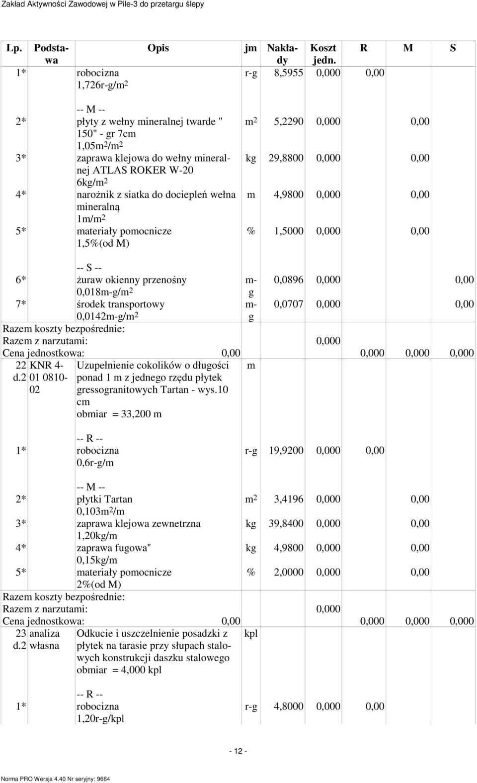 wełna mineralną 1m/ 5* materiały pomocnicze 5,2290 0,000 0,00 kg 29,8800 0,000 0,00 m 4,9800 0,000 0,00 6* żuraw okienny przenośny 0,0896 0,000 0,00 0,018g/ g 7* środek transportowy 0,0707 0,000 0,00