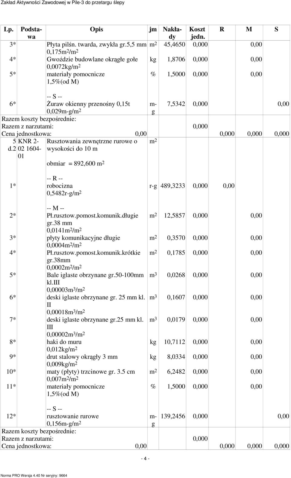 1604-01 Rusztowania zewnętrzne rurowe o wysokości do 10 m obmiar = 892,600 0,5482r-g/ r-g 489,2 0,000 0,00 2* Pł.rusztow.pomost.komunik.długie gr.