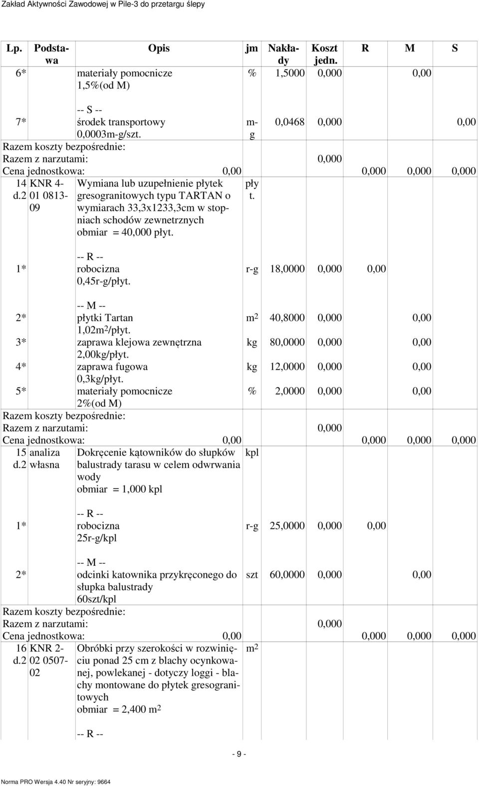 r-g 18,0000 0,000 0,00 2* płytki Tartan 40,8000 0,000 0,00 1,02 /płyt. * zaprawa klejowa zewnętrzna kg 80,0000 0,000 0,00 2,00kg/płyt. 4* zaprawa fugowa kg 12,0000 0,000 0,00 0,kg/płyt.