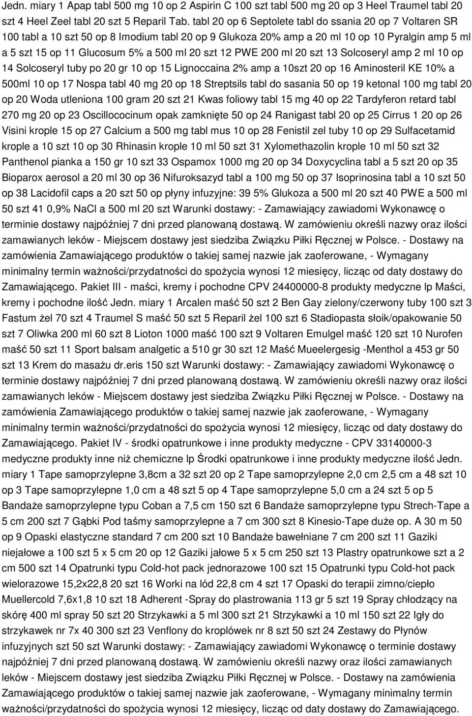 szt 12 PWE 200 ml 20 szt 13 Solcoseryl amp 2 ml 10 op 14 Solcoseryl tuby po 20 gr 10 op 15 Lignoccaina 2% amp a 10szt 20 op 16 Aminosteril KE 10% a 500ml 10 op 17 Nospa tabl 40 mg 20 op 18 Streptsils