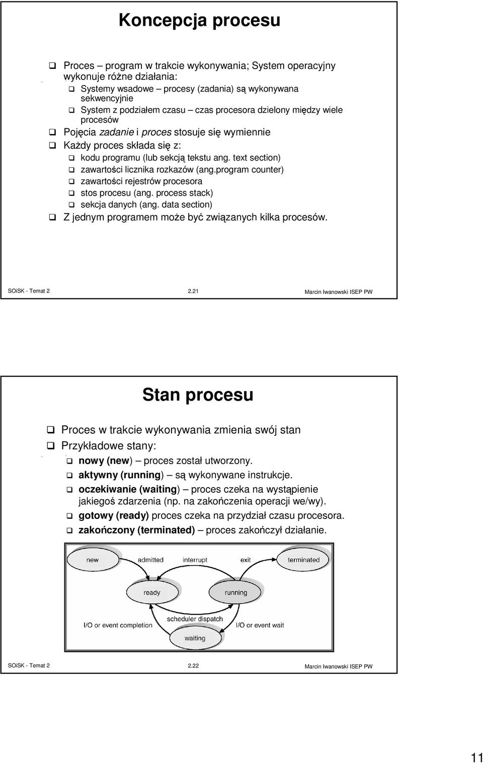 text section) zawartości licznika rozkazów (ang.program counter) zawartości rejestrów procesora stos procesu (ang. process stack) sekcja danych (ang.