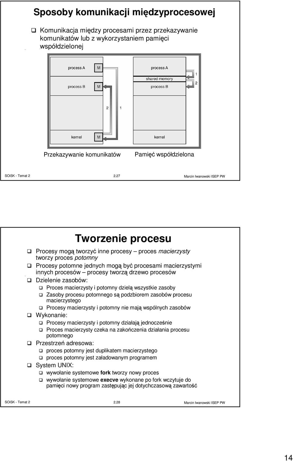 Dzielenie zasobów: Proces macierzysty i potomny dzielą wszystkie zasoby Zasoby procesu potomnego są podzbiorem zasobów procesu macierzystego Procesy macierzysty i potomny nie mają wspólnych zasobów