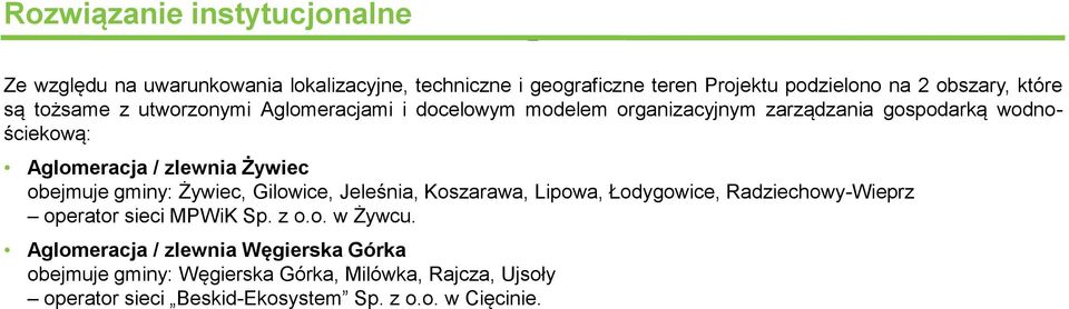 Żywiec obejmuje gminy: Żywiec, Gilowice, Jeleśnia, Koszarawa, Lipowa, Łodygowice, Radziechowy-Wieprz operator sieci MPWiK Sp. z o.o. w Żywcu.