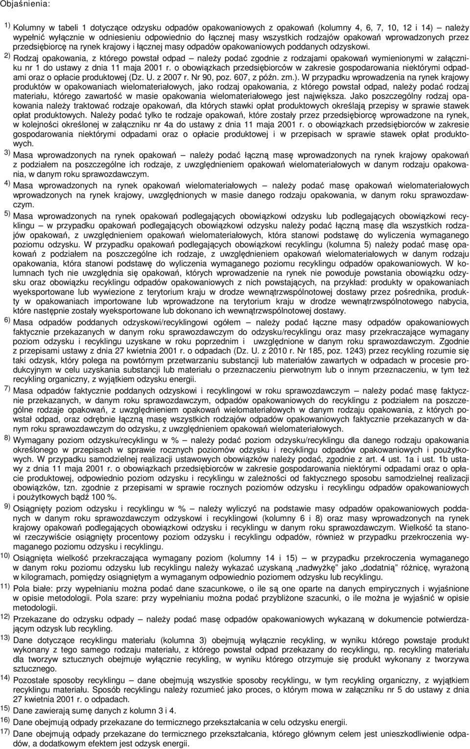 2) Rodzaj opakowania, z którego powstał odpad naleŝy podać zgodnie z rodzajami opakowań wymienionymi w załączniku nr 1 do ustawy z dnia 11 maja 2001 r.