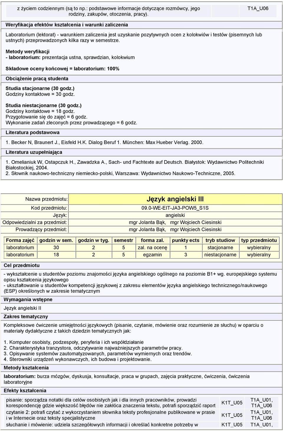 - laboratorium: prezentacja ustna, sprawdzian, kolokwium Składowe oceny końcowej = laboratorium: 100% Studia stacjonarne (30 godz.) Godziny kontaktowe = 30 godz. Studia niestacjonarne (30 godz.