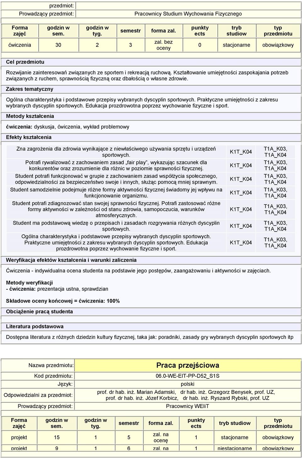 Praktyczne umiejętności z zakresu wybranych dyscyplin sportowych. Edukacja prozdrowotna poprzez wychowanie fizyczne i sport.