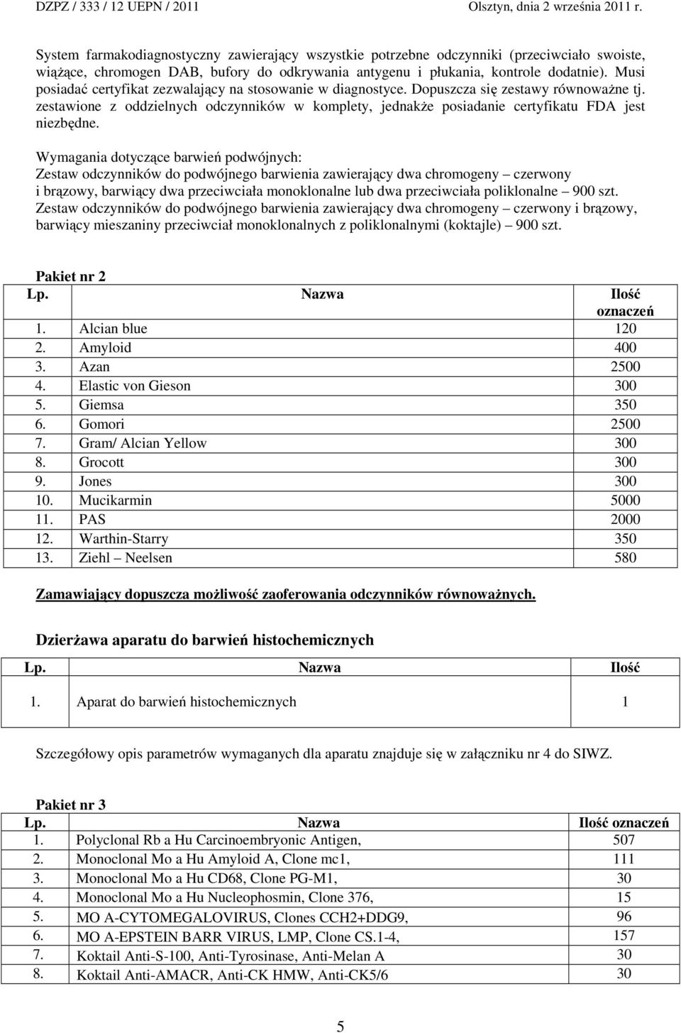 zestawione z oddzielnych odczynników w komplety, jednakże posiadanie certyfikatu FDA jest niezbędne.