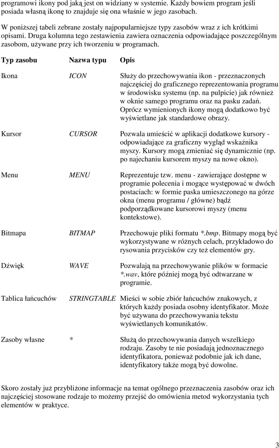 Druga kolumna tego zestawienia zawiera oznaczenia odpowiadające poszczególnym zasobom, uŝywane przy ich tworzeniu w programach.