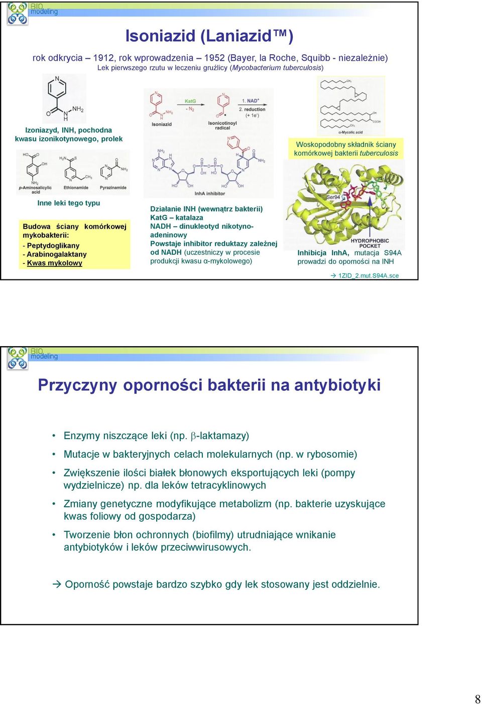 mykolowy Działanie INH (wewnątrz bakterii) KatG katalaza NADH dinukleotyd nikotynoadeninowy Powstaje inhibitor reduktazy zależnej od NADH (uczestniczy w procesie produkcji kwasu α-mykolowego)