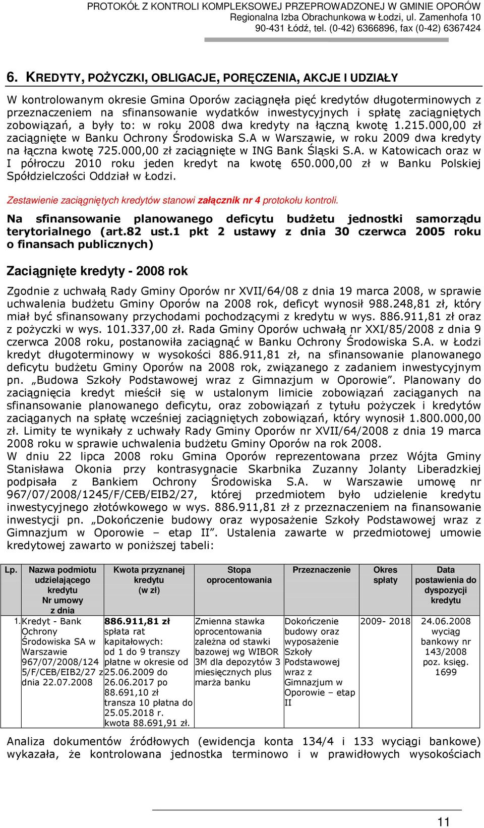 000,00 zł zaciągnięte w ING Bank Śląski S.A. w Katowicach oraz w I półroczu 2010 roku jeden kredyt na kwotę 650.000,00 zł w Banku Polskiej Spółdzielczości Oddział w Łodzi.