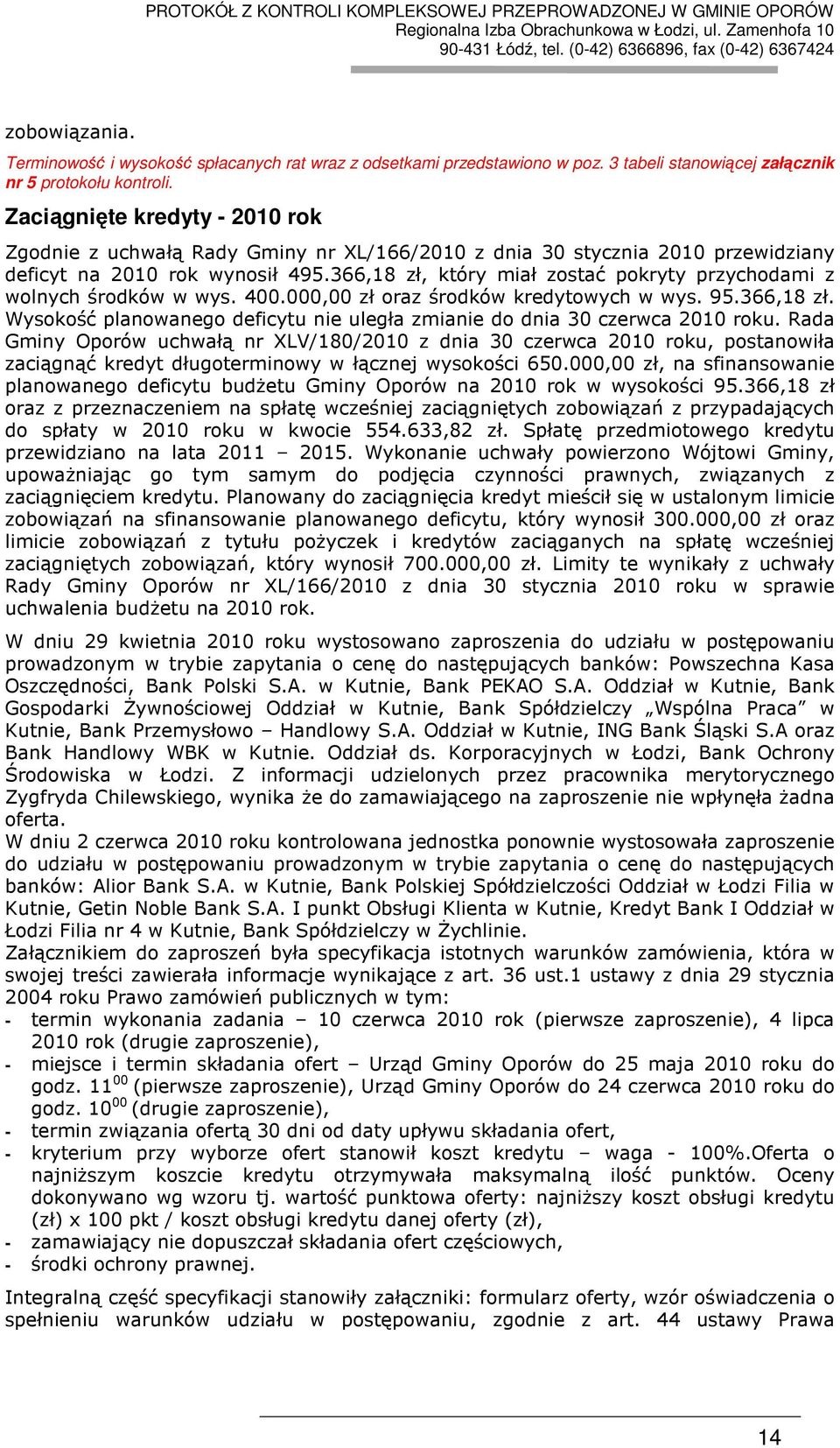 366,18 zł, który miał zostać pokryty przychodami z wolnych środków w wys. 400.000,00 zł oraz środków kredytowych w wys. 95.366,18 zł. Wysokość planowanego deficytu nie uległa zmianie do dnia 30 czerwca 2010 roku.