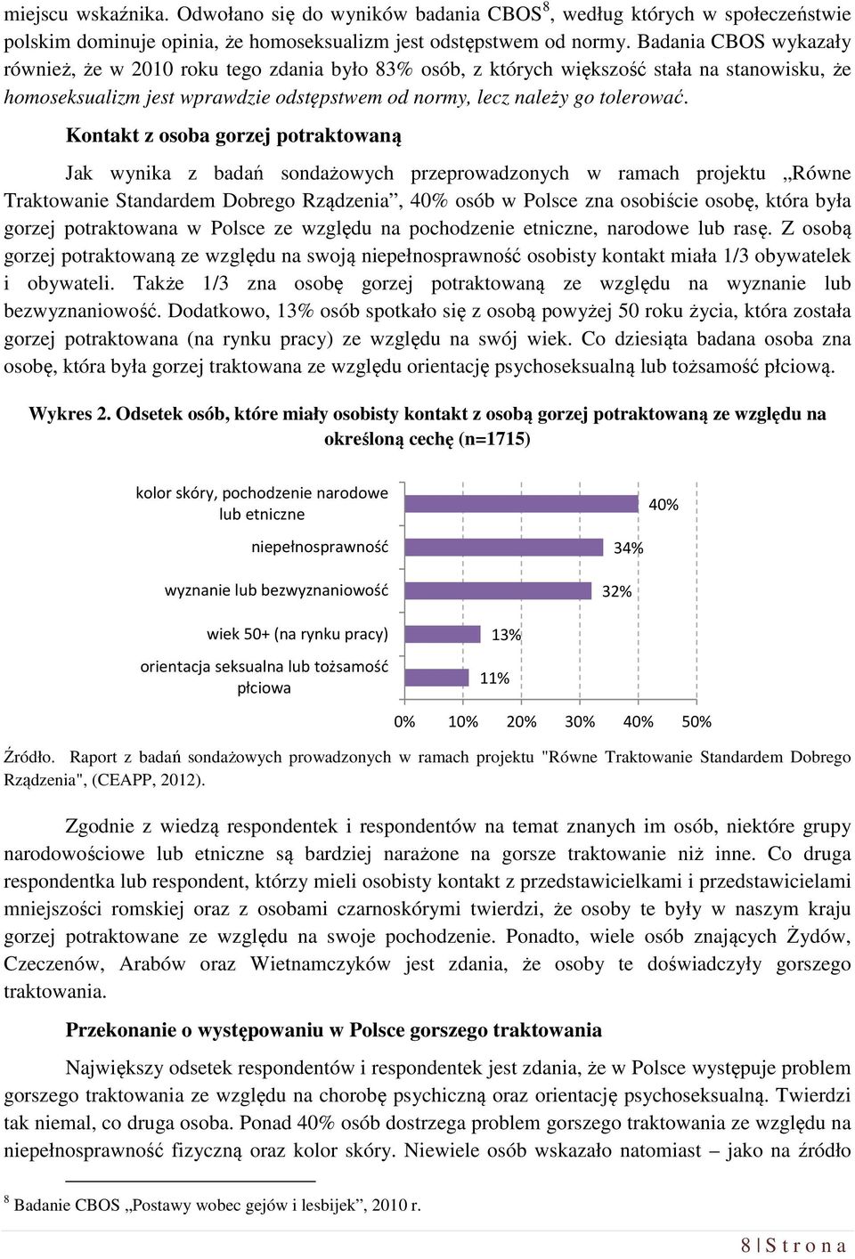 Kontakt z osoba gorzej potraktowaną Jak wynika z badań sondażowych przeprowadzonych w ramach projektu Równe Traktowanie Standardem Dobrego Rządzenia, 40% osób w Polsce zna osobiście osobę, która była