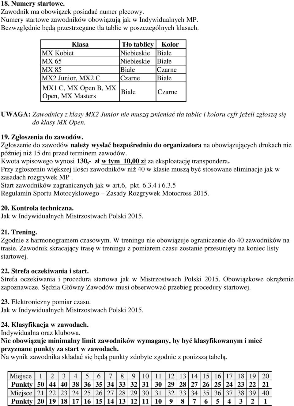 MX2 Junior nie muszą zmieniać tła tablic i koloru cyfr jeżeli zgłoszą się do klasy MX Open. 19. Zgłoszenia do zawodów.