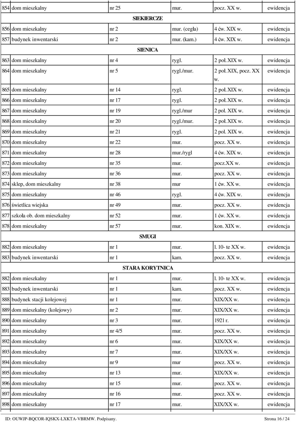 XX ewidencja w. 865 dom mieszkalny nr 14 rygl. 2 poł. XIX w. ewidencja 866 dom mieszkalny nr 17 rygl. 2 poł. XIX w. ewidencja 867 dom mieszkalny nr 19 rygl./mur 2 pol. XIX w. ewidencja 868 dom mieszkalny nr 20 rygl.