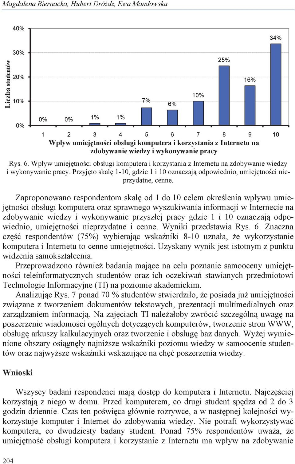 Zaproponowano respondentom skalę od 1 do 10 celem określenia wpływu umiejętności obsługi komputera oraz sprawnego wyszukiwania informacji w Internecie na zdobywanie wiedzy i wykonywanie przyszłej