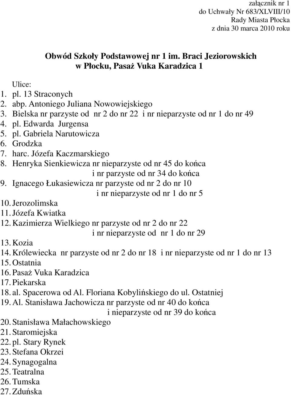 Henryka Sienkiewicza nr nieparzyste od nr 45 do końca i nr parzyste od nr 34 do końca 9. Ignacego Łukasiewicza nr parzyste od nr 2 do nr 10 i nr nieparzyste od nr 1 do nr 5 10. Jerozolimska 11.