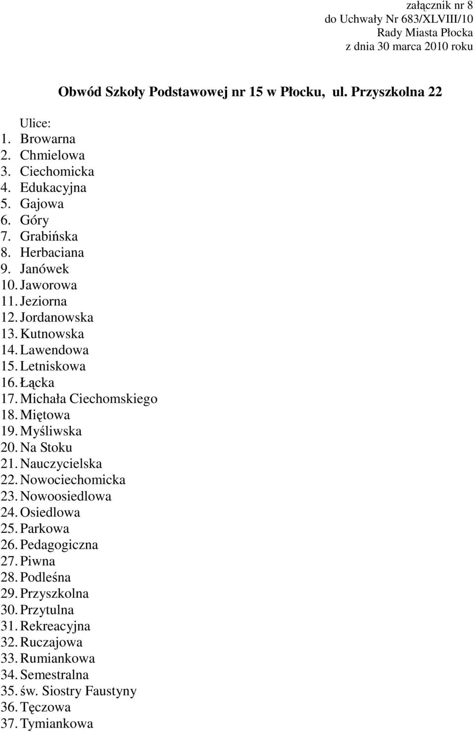 Michała Ciechomskiego 18. Miętowa 19. Myśliwska 20. Na Stoku 21. Nauczycielska 22. Nowociechomicka 23. Nowoosiedlowa 24. Osiedlowa 25. Parkowa 26.