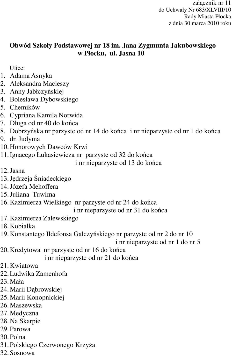 Ignacego Łukasiewicza nr parzyste od 32 do końca i nr nieparzyste od 13 do końca 12. Jasna 13. Jędrzeja Śniadeckiego 14. Józefa Mehoffera 15. Juliana Tuwima 16.