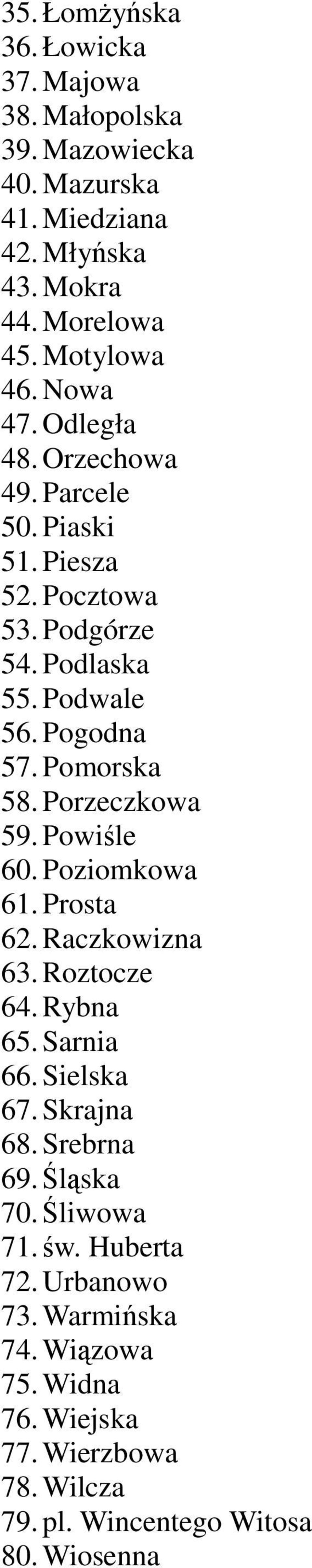 Porzeczkowa 59. Powiśle 60. Poziomkowa 61. Prosta 62. Raczkowizna 63. Roztocze 64. Rybna 65. Sarnia 66. Sielska 67. Skrajna 68. Srebrna 69.