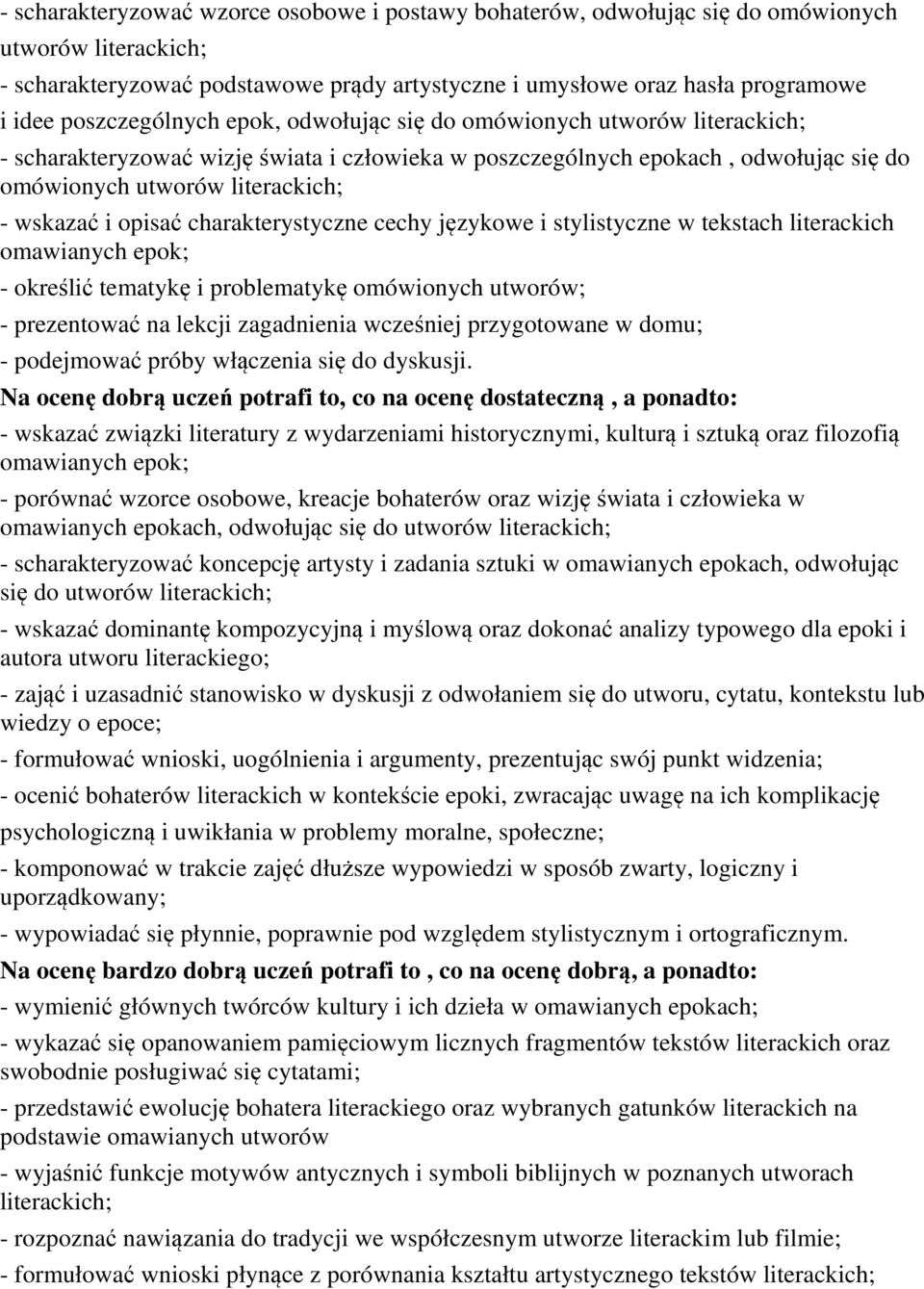 i opisać charakterystyczne cechy językowe i stylistyczne w tekstach literackich mawianych epok; - określić tematykę i problematykę omówionych utworów; - prezentować na lekcji zagadnienia wcześniej