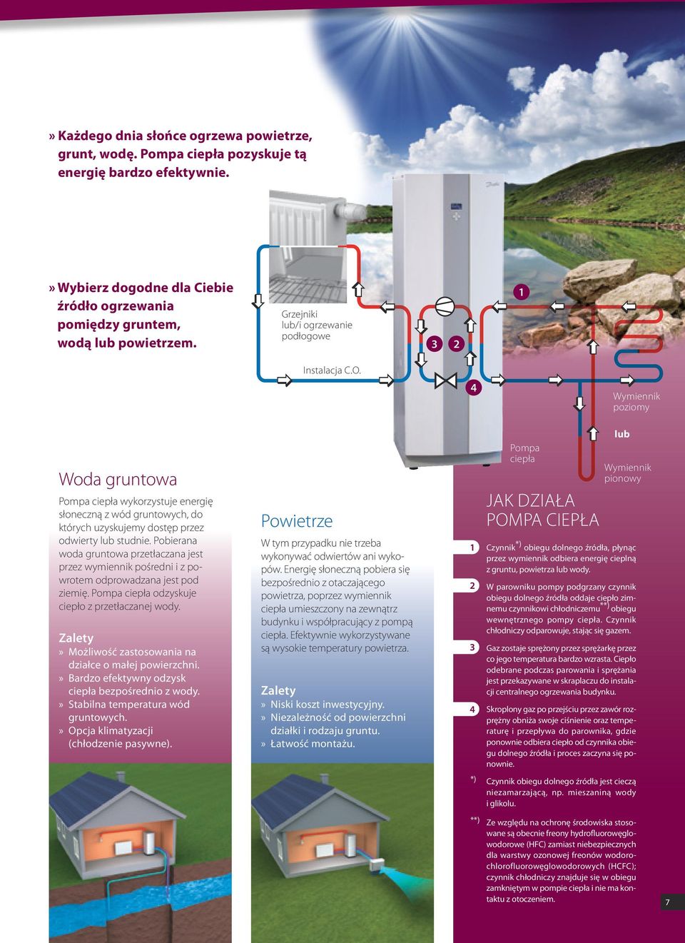 4 Wymiennik poziomy Woda gruntowa Pompa ciepła wykorzystuje energię słoneczną z wód gruntowych, do których uzyskujemy dostęp przez odwierty lub studnie.
