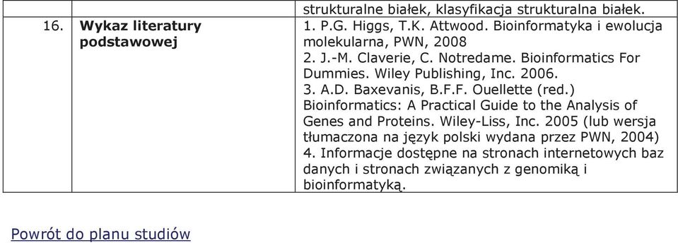 Bioinformatics For Dummies. Wiley Publishing, Inc. 2006. 3. A.D. Baxevanis, B.F.F. Ouellette (red.