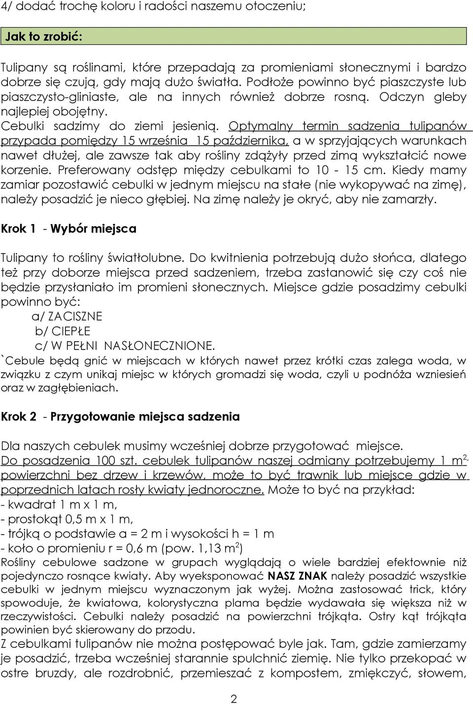 Optymalny termin sadzenia tulipanów przypada pomiędzy 15 września 15 października, a w sprzyjających warunkach nawet dłużej, ale zawsze tak aby rośliny zdążyły przed zimą wykształcić nowe korzenie.