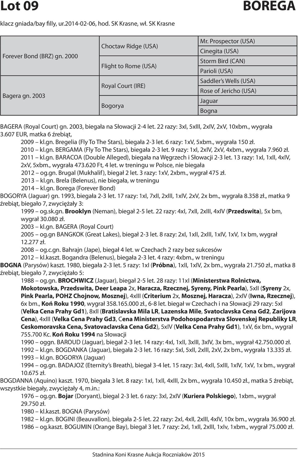 607 EUR, matka 6 źrebiąt, 2009 kl.gn. Bregelia (Fly To The Stars), biegała 2-3 let. 6 razy: 1xV, 5xbm., wygrała 150 zł. 2010 kl.gn. BERGAMA (Fly To The Stars), biegała 2-3 let.
