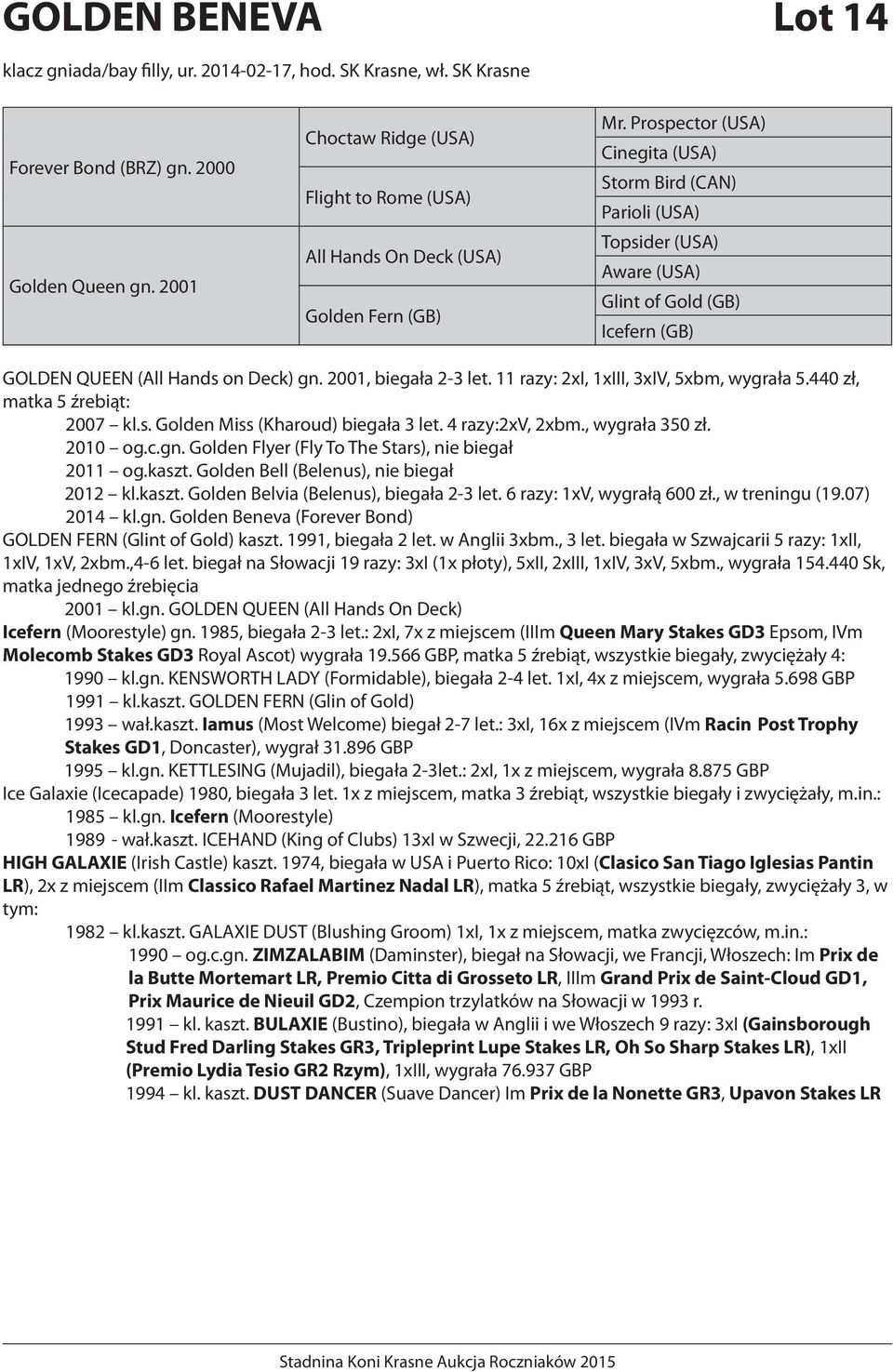 11 razy: 2xI, 1xIII, 3xIV, 5xbm, wygrała 5.440 zł, matka 5 źrebiąt: 2007 kl.s. Golden Miss (Kharoud) biegała 3 let. 4 razy:2xv, 2xbm., wygrała 350 zł. 2010 og.c.gn.