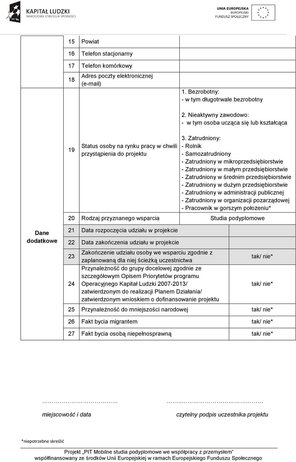 Zatrudniony: - Rolnik - Samozatrudniony - Zatrudniony w mikroprzedsiębiorstwie - Zatrudniony w małym przedsiębiorstwie - Zatrudniony w średnim przedsiębiorstwie - Zatrudniony w dużym