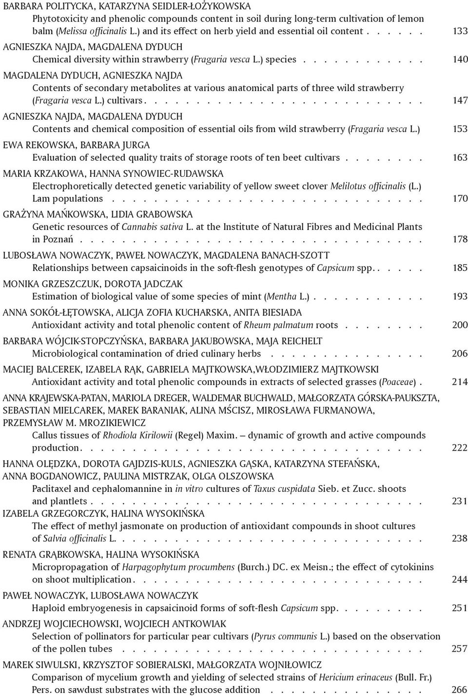 ........... 140 MAGDALENA DYDUCH, AGNIESZKA NAJDA Contents of secondary metabolites at various anatomical parts of three wild strawberry (Fragaria vesca L.) cultivars.