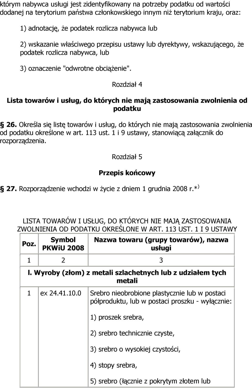 Rozdział 4 Lista towarów i usług, do których nie mają zastosowania zwolnienia od podatku 26. Określa się listę towarów i usług, do których nie mają zastosowania zwolnienia od podatku określone w art.