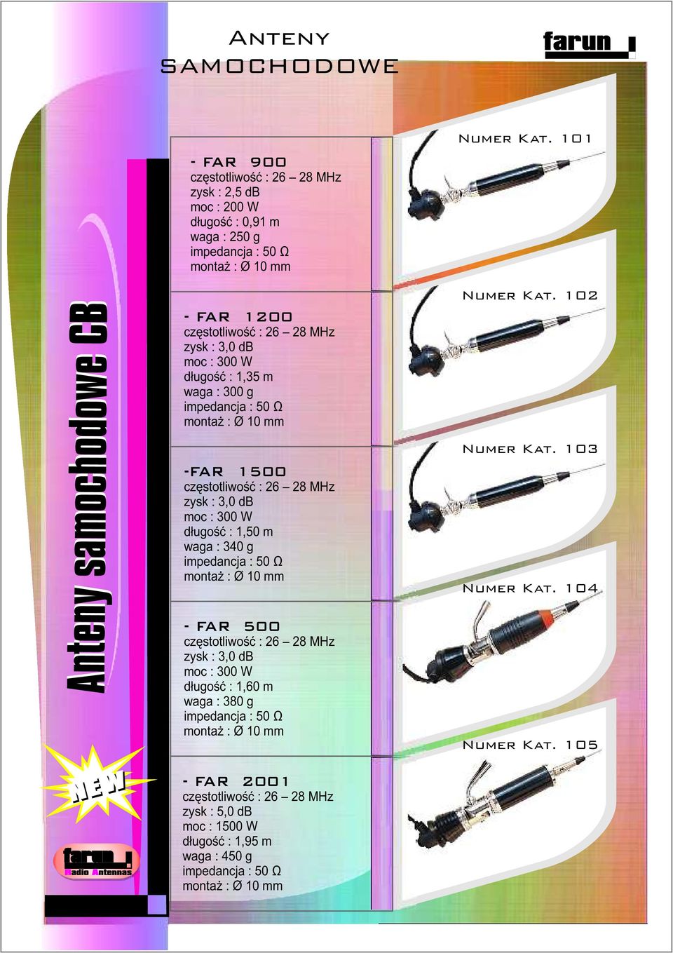 : 1,50 m waga : 340 g monta : O 10 mm - FAR 500 zysk : 3,0 db moc : 300 W d³ugoœæ : 1,60 m waga : 380 g monta : O 10 mm -