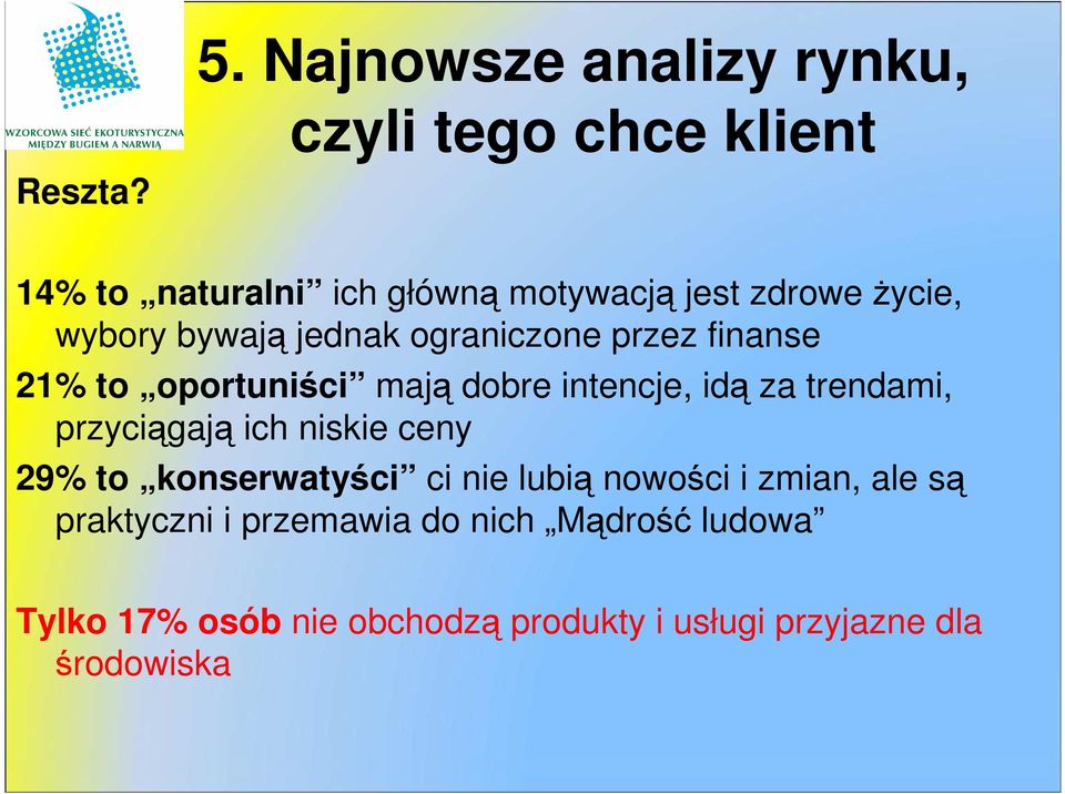 ograniczone przez finanse 21% to oportuniści mają dobre intencje, idą za trendami, przyciągają ich niskie