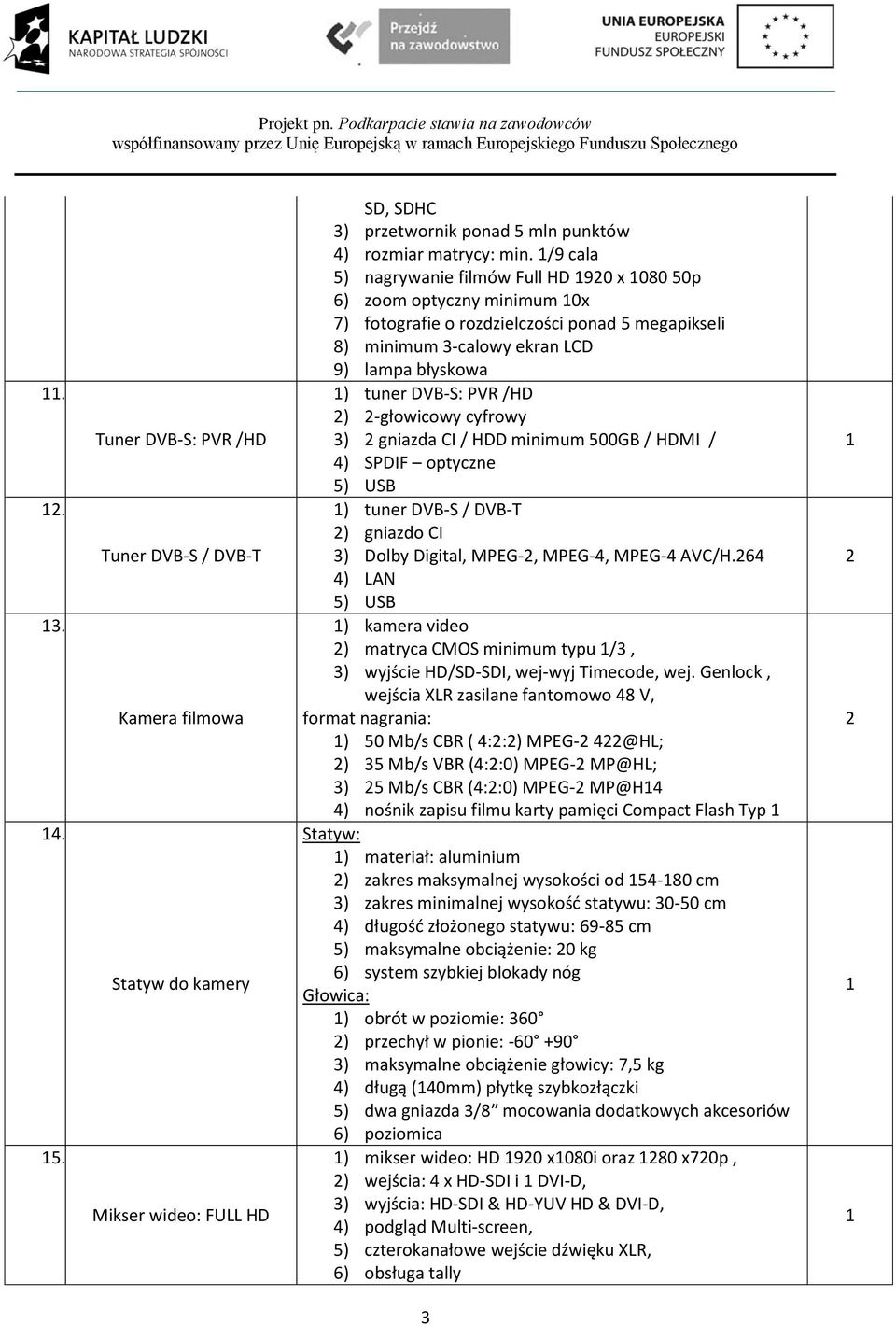 ) -głowicowy cyfrowy 3) gniazda CI / HDD minimum 500GB / HDMI / 4) SPDIF optyczne 5) USB ) tuner DVB-S / DVB-T ) gniazdo CI 3) Dolby Digital, MPEG-, MPEG-4, MPEG-4 AVC/H.