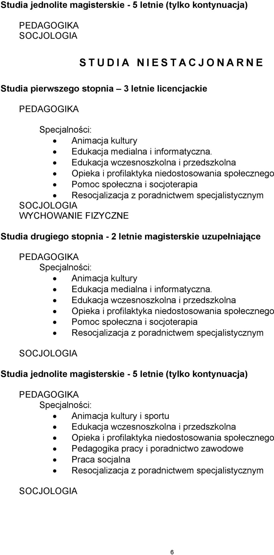 Edukacja wczesnoszkolna i przedszkolna pieka i profilaktyka niedostosowania społecznego Pomoc społeczna i socjoterapia Resocjalizacja z poradnictwem specjalistycznym SCJLGIA WYCHWANIE FIZYCZNE Studia