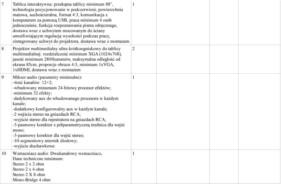 wraz z montażem 8 Projektor multimedialny ultra-krótkoogniskowy do tablicy multimedialnej: rozdzielczość minimum XGA (04x768), jasość minimum 800lumenów, maksymalna odległość od ekranu 85cm,