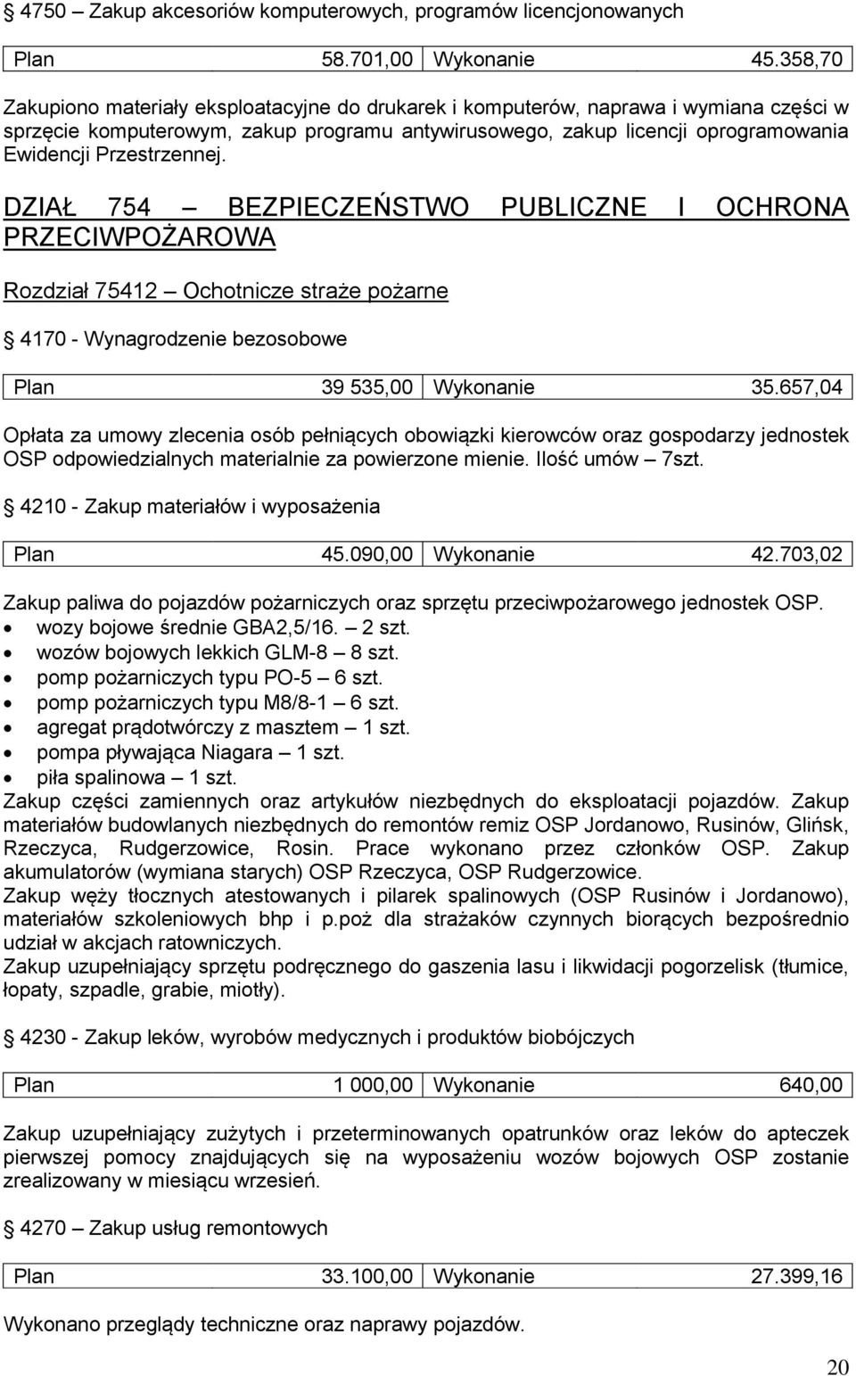 Przestrzennej. DZIAŁ 754 BEZPIECZEŃSTWO PUBLICZNE I OCHRONA PRZECIWPOŻAROWA Rozdział 75412 Ochotnicze straże pożarne 4170 - Wynagrodzenie bezosobowe Plan 39 535,00 Wykonanie 35.