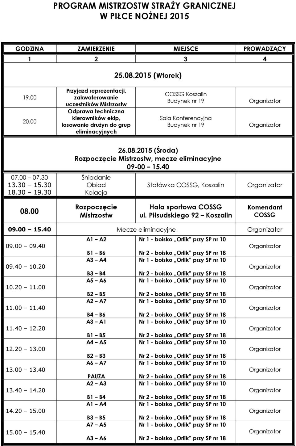 nr 19 07.00 07.30 13.30 15.30 18.30 19.30 26.08.2015 (Środa) Rozpoczęcie Mistrzostw, mecze eliminacyjne 09-00 15.40 Śniadanie Obiad Kolacja Stołówka COSSG, Koszalin 08.