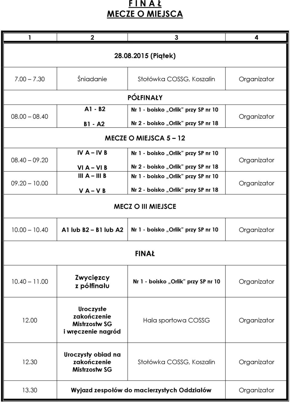 00 10.40 A1 lub B2 B1 lub A2 FINAŁ 10.40 11.00 Zwycięzcy z półfinału 12.