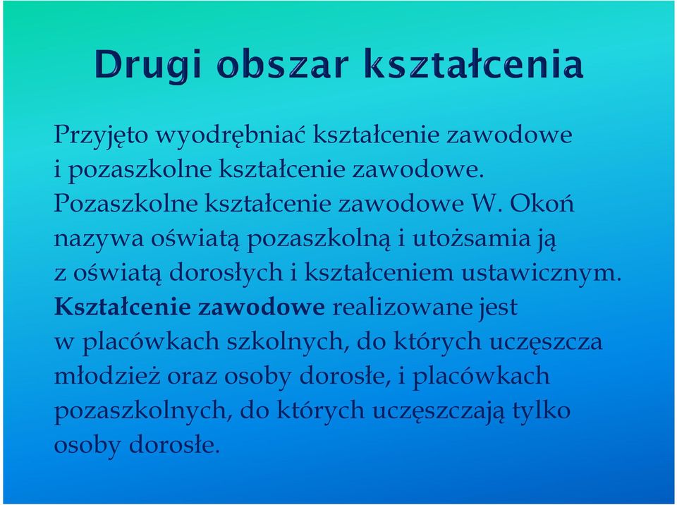 Okoń nazywa oświatą pozaszkolną i utoŝsamia ją z oświatą dorosłych i kształceniem ustawicznym.