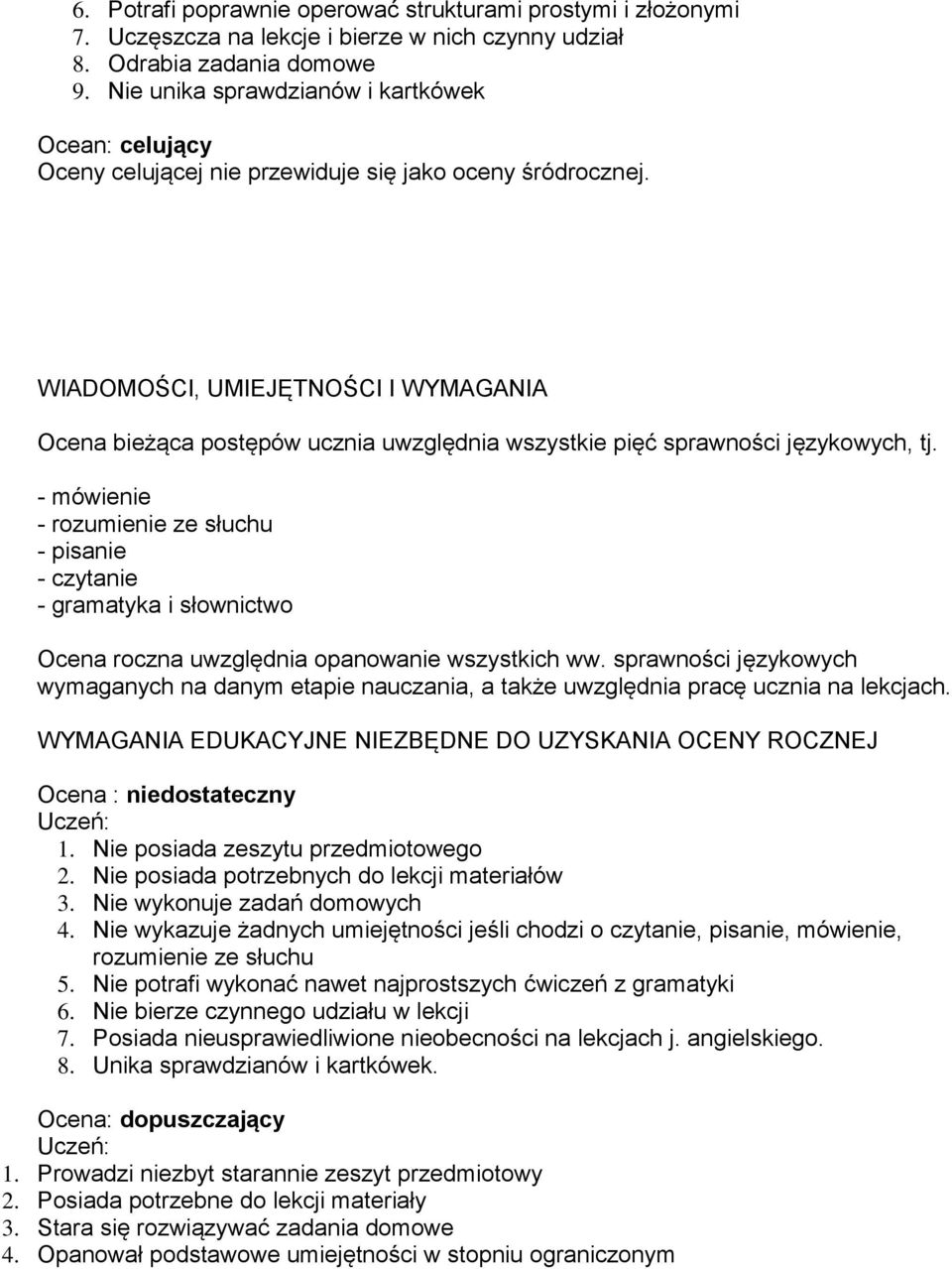 WIADOMOŚCI, UMIEJĘTNOŚCI I WYMAGANIA Ocena bieżąca postępów ucznia uwzględnia wszystkie pięć sprawności językowych, tj.