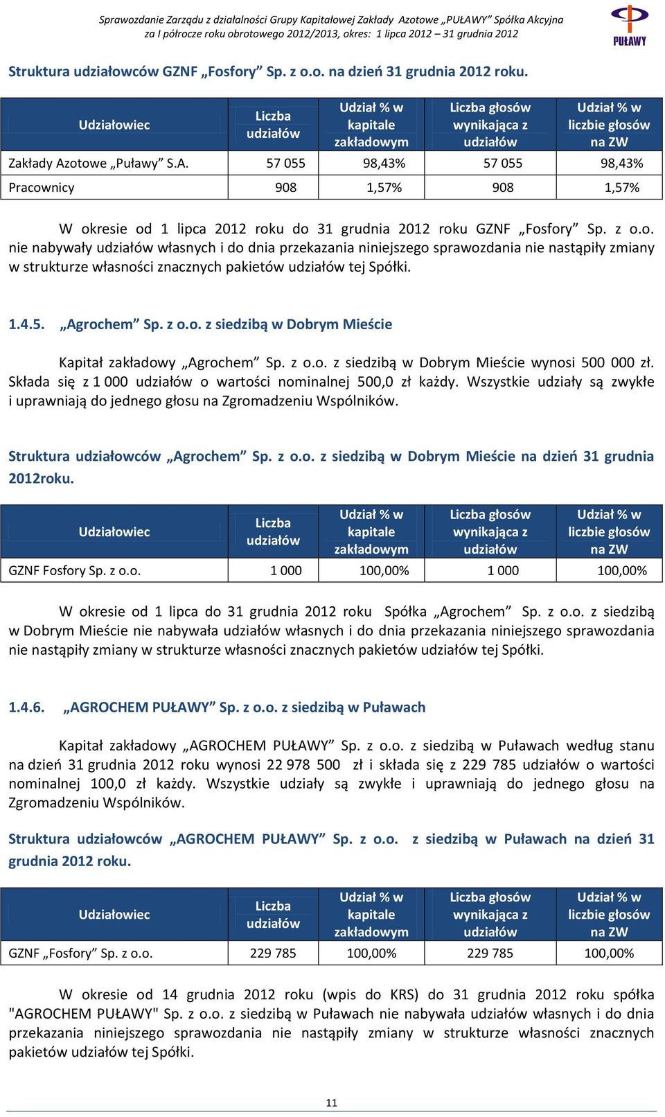 otowe Puławy S.A. 57 055 98,43% 57 055 98,43% Pracownicy 908 1,57% 908 1,57% W okresie od 1 lipca 2012 roku do 31 grudnia 2012 roku GZNF Fosfory Sp. z o.o. nie nabywały udziałów własnych i do dnia przekazania niniejszego sprawozdania nie nastąpiły zmiany w strukturze własności znacznych pakietów udziałów tej Spółki.