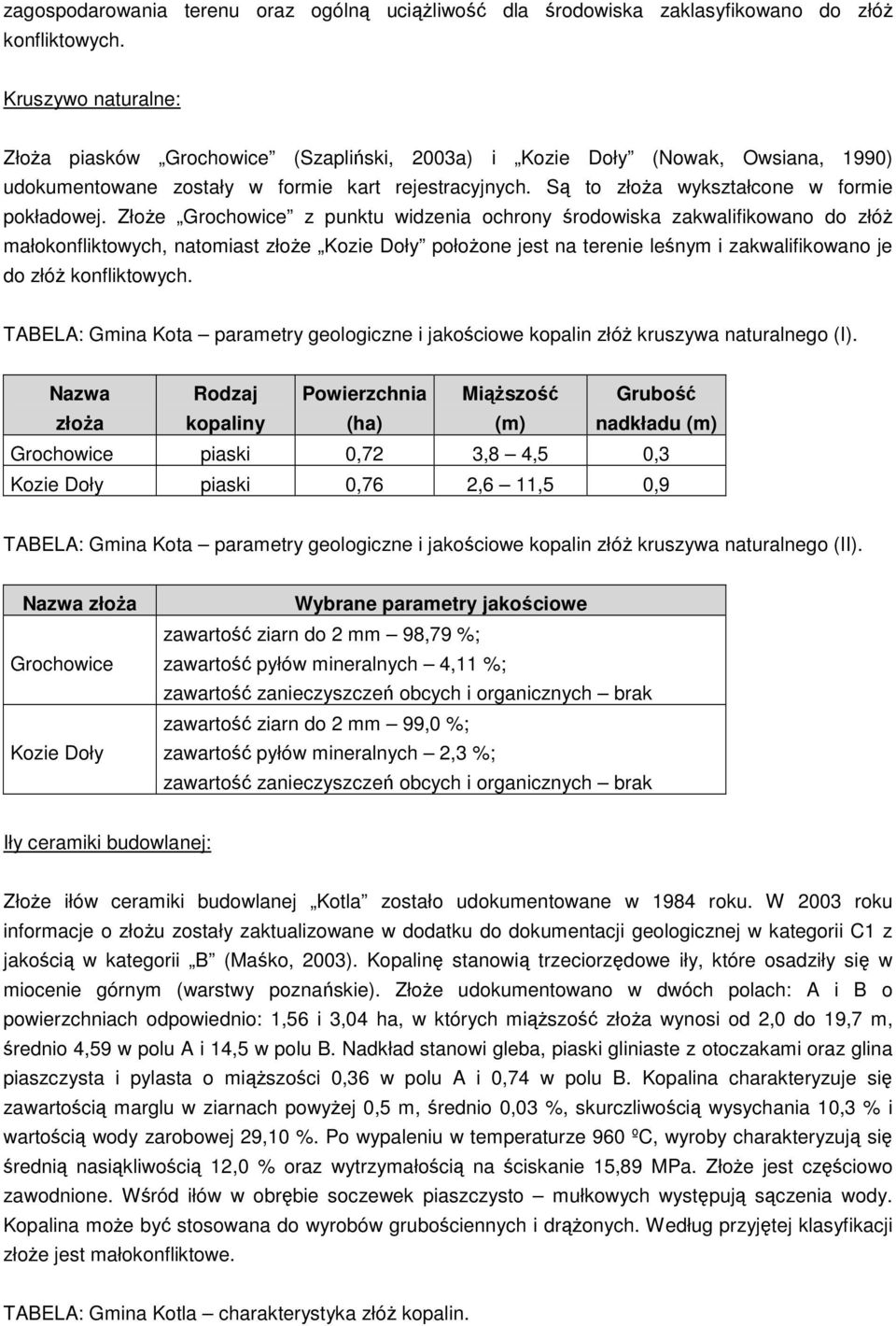 ZłoŜe Grochowice z punktu widzenia ochrony środowiska zakwalifikowano do złóŝ małokonfliktowych, natomiast złoŝe Kozie Doły połoŝone jest na terenie leśnym i zakwalifikowano je do złóŝ konfliktowych.