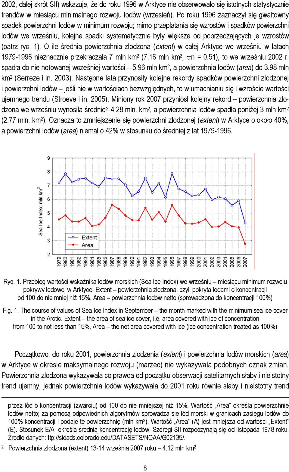 poprzedzających je wzrostów (patrz ryc. 1). O ile średnia powierzchnia zlodzona (extent) w całej Arktyce we wrześniu w latach 1979-1996 nieznacznie przekraczała 7 mln km 2 (7.16 mln km 2, σn = 0.