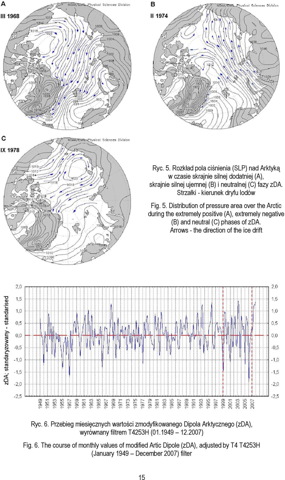 Distribution of pressure area over the Arctic during the extremely positive (A), extremely negative (B) and neutral (C) phases of zda.