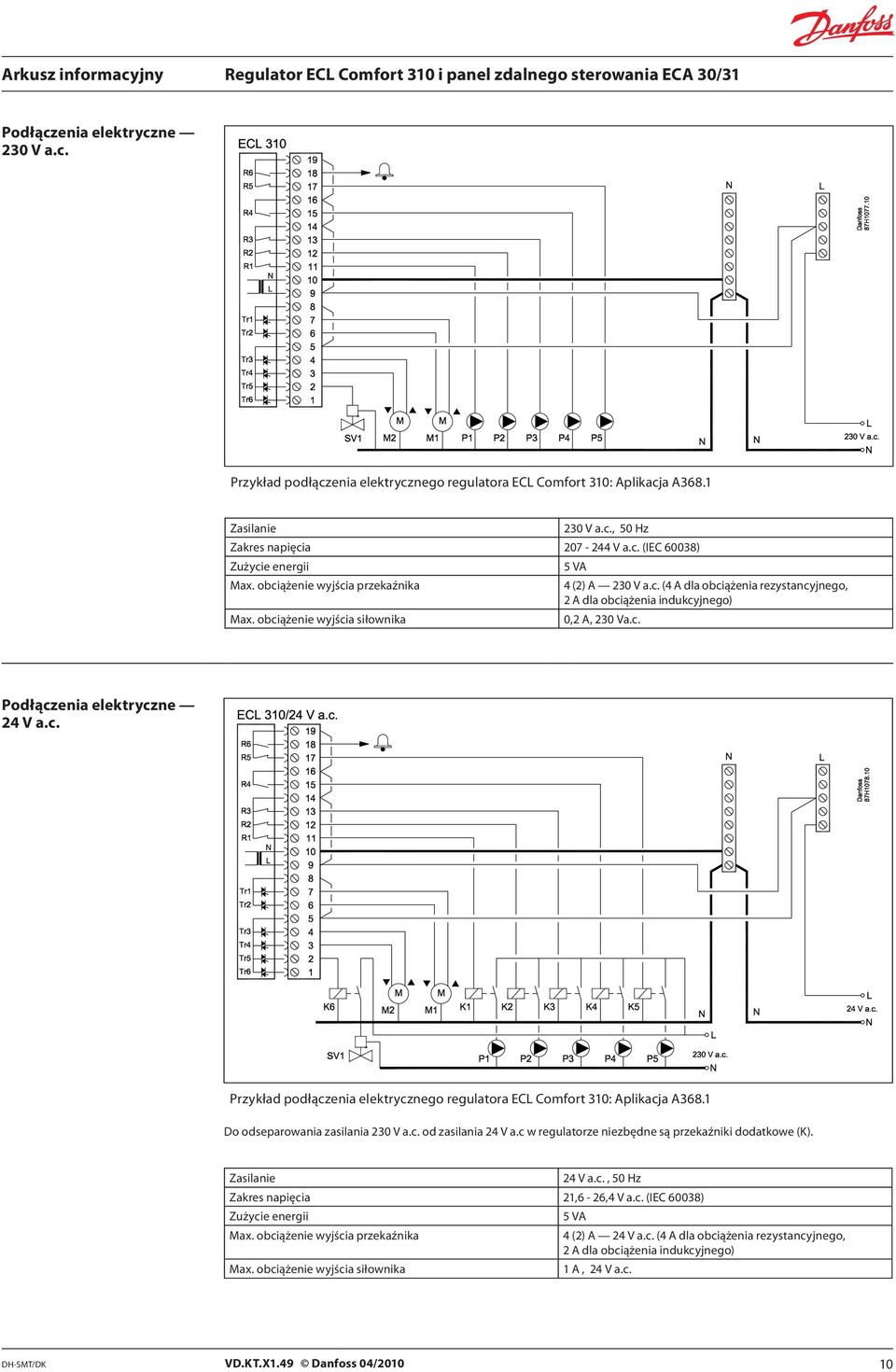 c. Przykład podłączenia elektrycznego regulatora ECL Comfort 310: Aplikacja A368.1 Do odseparowania zasilania 230 V a.c. od zasilania 24 V a.c w regulatorze niezbędne są przekaźniki dodatkowe (K).