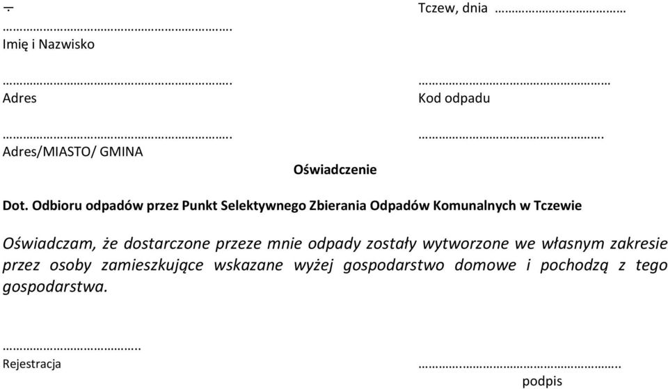 że dostarczone przeze mnie odpady zostały wytworzone we własnym zakresie przez osoby