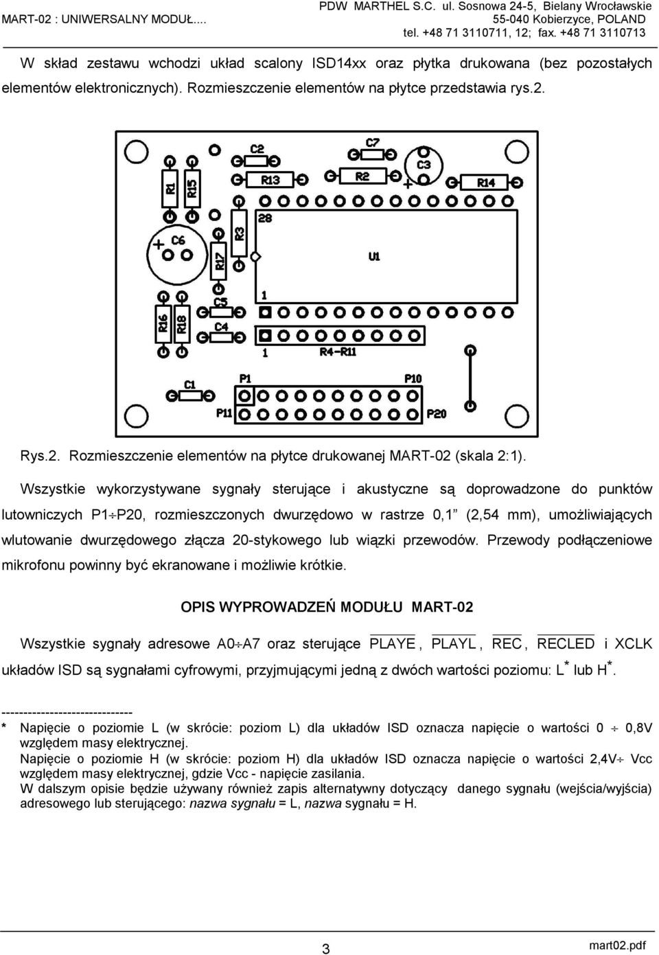 Wszystkie wykorzystywane sygnały sterujące i akustyczne są doprowadzone do punktów lutowniczych P1 P20, rozmieszczonych dwurzędowo w rastrze 0,1 (2,54 mm), umożliwiających wlutowanie dwurzędowego